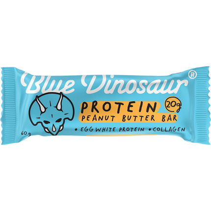 Blue Dinosaur protein peanut butter bar packaging on a white background