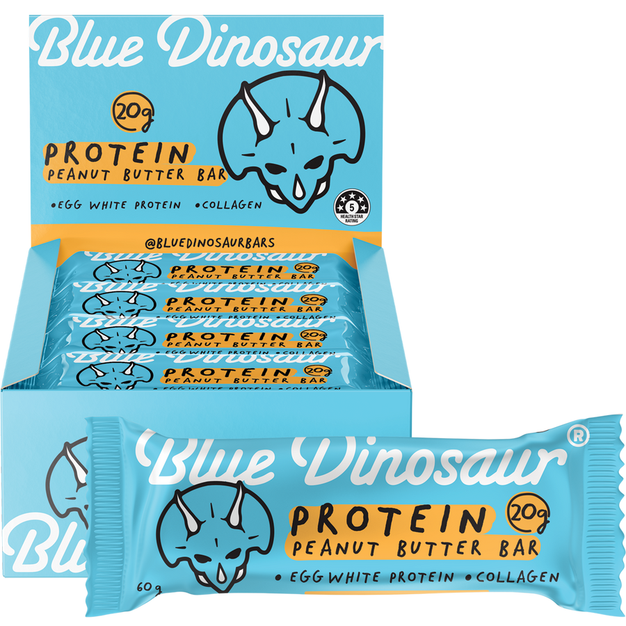 Blue Dinosaur protein peanut butter bars packaging on a white background