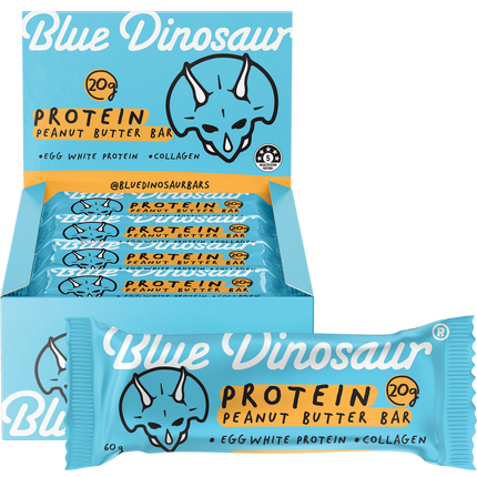Blue Dinosaur protein peanut butter bars packaging on a white background