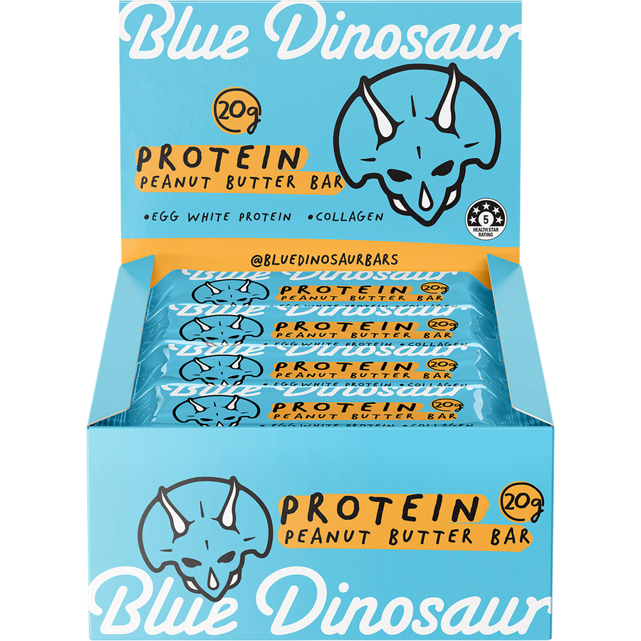 Pack of Blue Dinosaur protein peanut butter bars on a white background