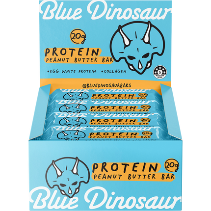 Pack of Blue Dinosaur protein peanut butter bars on a white background