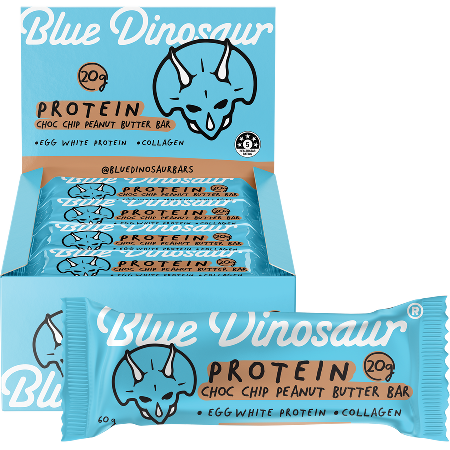 Blue Dinosaur protein bar packaging with a blue and white design.