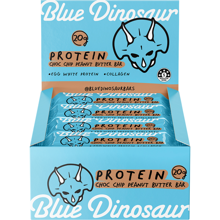 Pack of Blue Dinosaur protein bars with branding and product details.