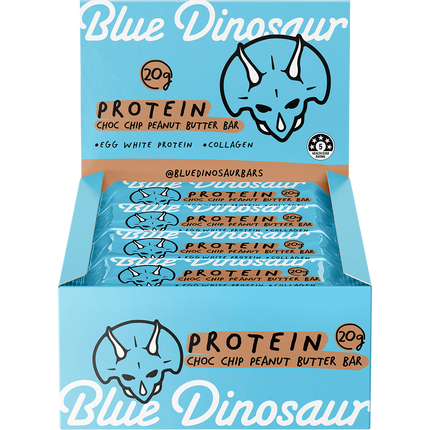 Pack of Blue Dinosaur protein bars with branding and product details.