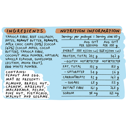 Nutrition label with ingredients and detailed nutritional information on a white background