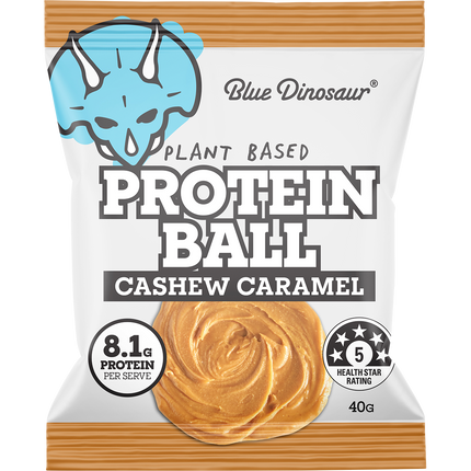 Blue Dinosaur plant-based protein ball packaging with cashew caramel flavor on a white background