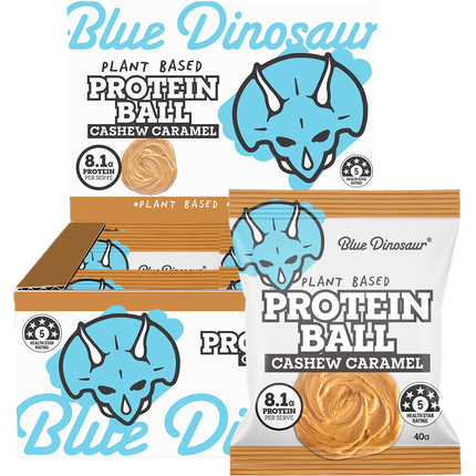 Blue Dinosaur plant-based protein ball packaging with cashew caramel flavor on a white background.