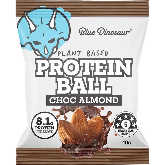 Blue Dinosaur plant-based protein ball packaging with chocolate and almond flavor.