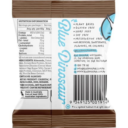 Back view of a chocolate bar packaging with Blue Dinosaur branding, nutrition information, and ingredient list.