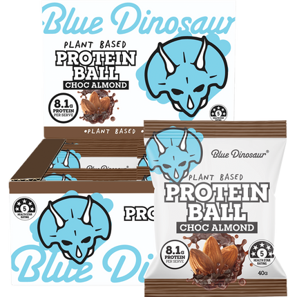 Blue Dinosaur plant-based protein ball packaging with chocolate almond flavor on a white background.