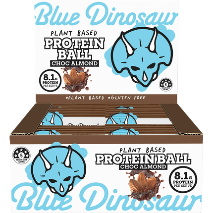 Box of Blue Dinosaur plant-based protein balls with chocolate almond flavor on a white background