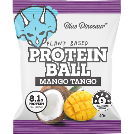 Blue Dinosaur Mango Tango protein ball packaging with coconut and mango illustration.