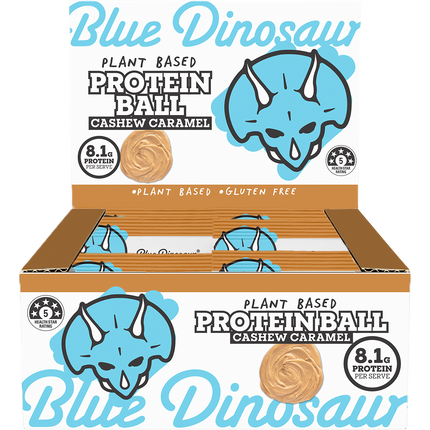 Box of Blue Dinosaur plant-based protein balls with cashew caramel flavor on a white background.