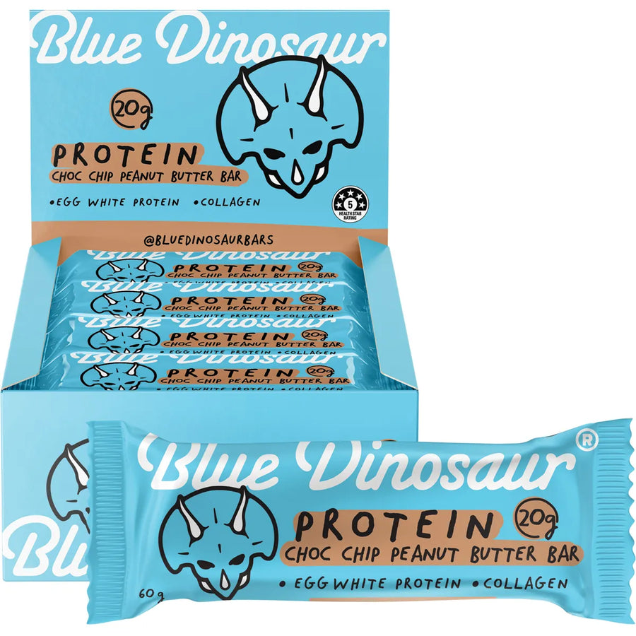 Blue Dinosaur protein bar 12x60g — Choc Chip Peanut Butter bar unwrapped