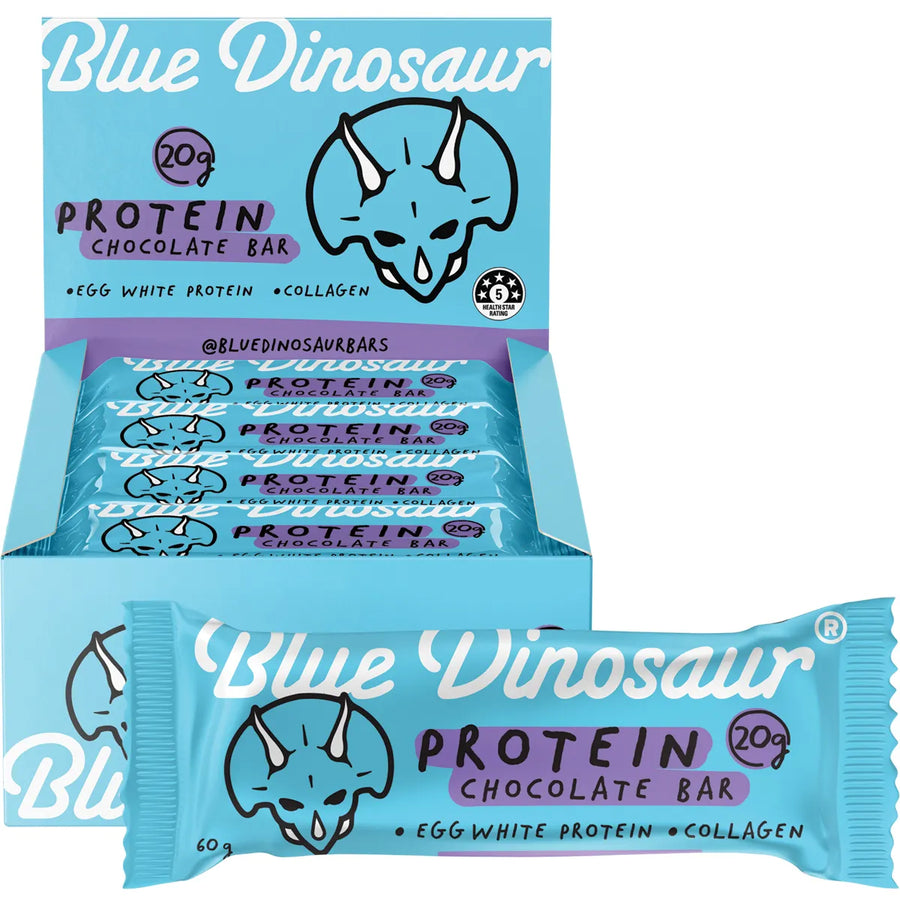 Blue Dinosaur protein bar 12x60g — Chocolate flavour close-up