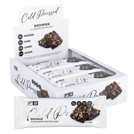 Box of Cold Pressed Brownie protein bars on a white background
