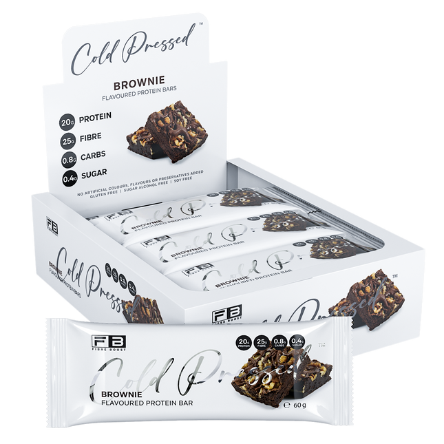 Box of Cold Pressed Brownie protein bars on a white background