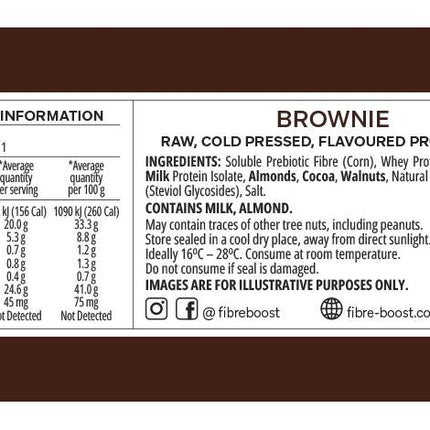 Nutrition label and ingredients list for a brownie protein bar on a brown background