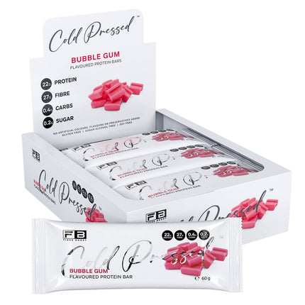 Box of Cold Pressed bubble gum-flavored protein bars on a white background