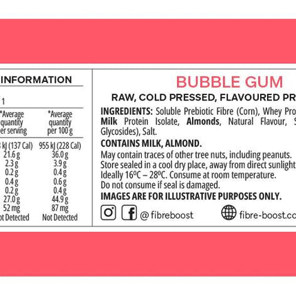Nutrition label for a bubble gum-flavored protein bar on a red background