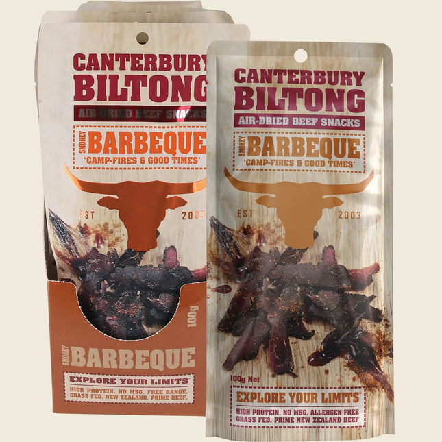 Canterbury Biltong Smokey Barbeque carton and pack, air-dried New Zealand beef snack, 10x100g