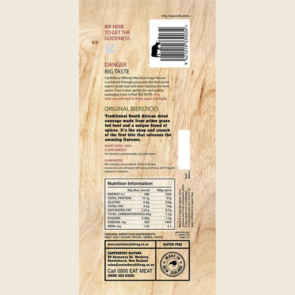 Canterbury Biltong Grass Fed Biersticks (Meat Stick 4pk) Original 10x100g