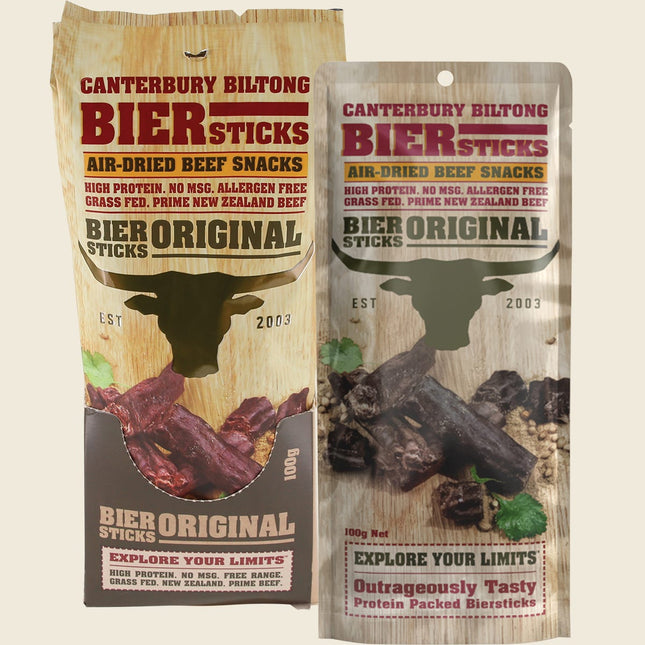 Canterbury Biltong Biersticks Original carton and pack, air-dried New Zealand beef snack, 10x100g