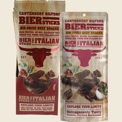 Canterbury Biltong Biersticks Italian carton and pack, air-dried New Zealand beef snack, 10x100g