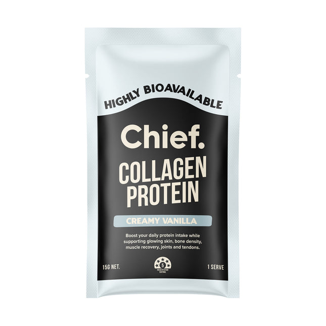 Chief Nutrition Grass-Fed Collagen Protein sachet, Creamy Vanilla, highly bioavailable, 15g single serve