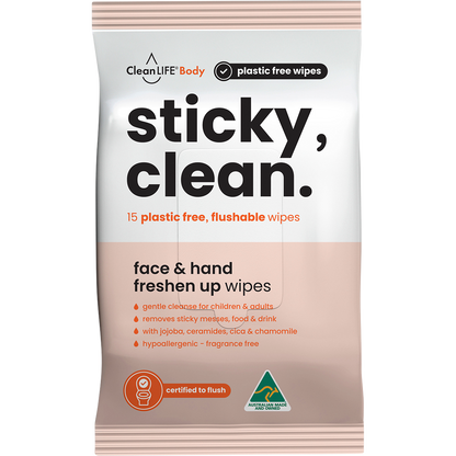 Sticky Clean Flushable Plastic Free Wipes