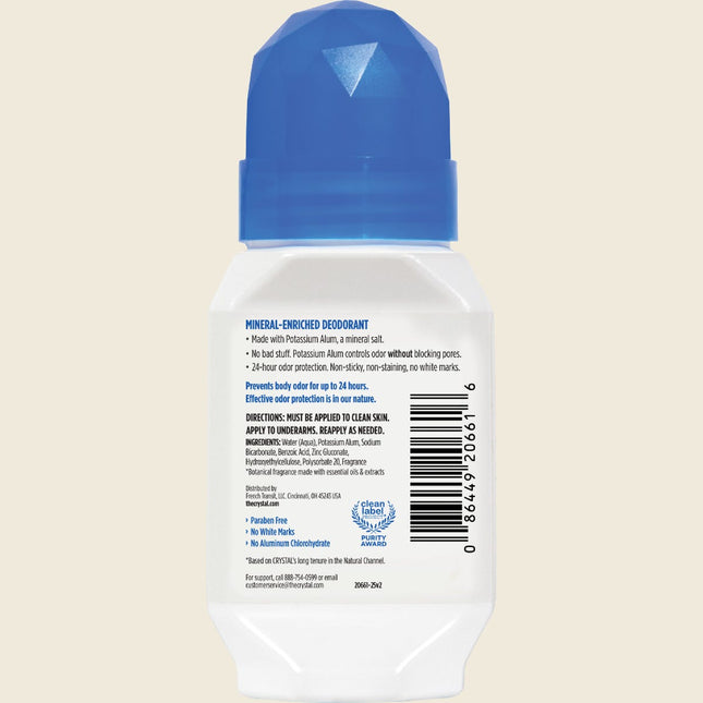 Back of Crystal Sea Salt and Sandalwood Roll-On deodorant showing ingredients
