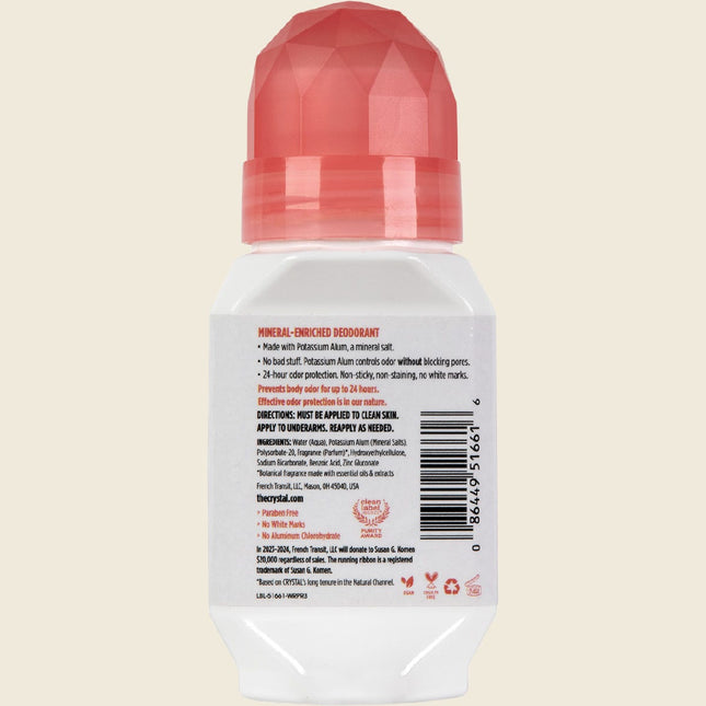 Back of Crystal Coconut and Vanilla Roll-On deodorant showing ingredients