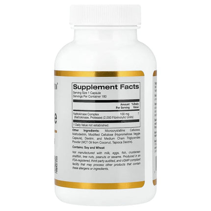 Supplement facts panel for California Gold Nutrition Nattokinase, 100mg Nattokinase Complex 2,000 FU