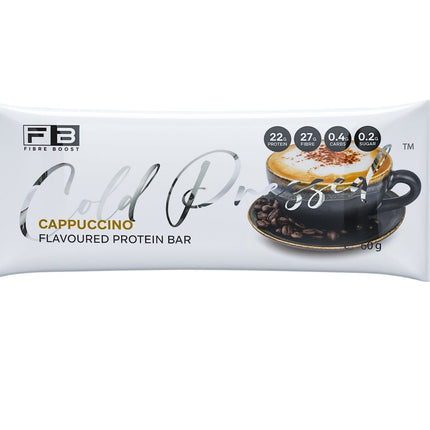 Cappuccino flavored protein bar packaging on a white background