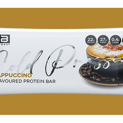 Cappuccino flavored protein bar packaging on a yellow background