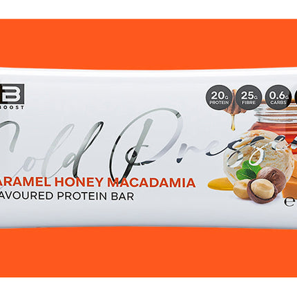 Fibre Boost Caramel Honey Macadamia cold pressed protein bar single bar
