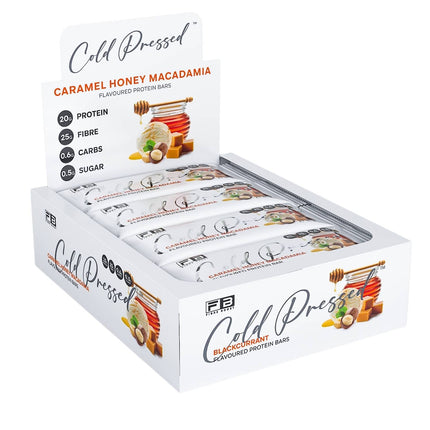 Box of 12 Fibre Boost Caramel Honey Macadamia cold pressed protein bars