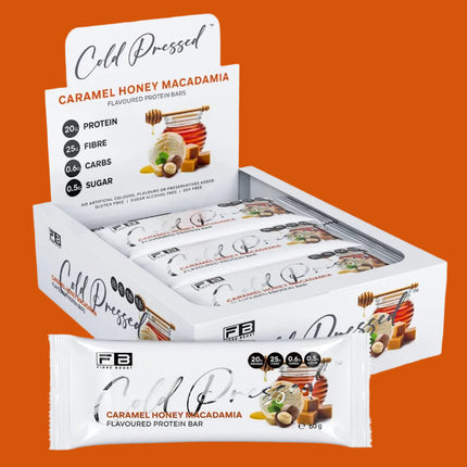 Nutrition information and packaging details for Fibre Boost Caramel Honey Macadamia protein bar