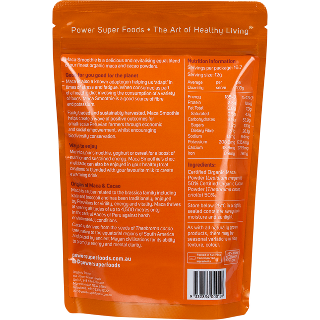 Certified organic maca cacao smoothie mix superfood powder