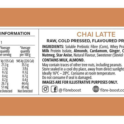Nutrition information panel for Fibre Boost Chai Latte cold pressed protein bar