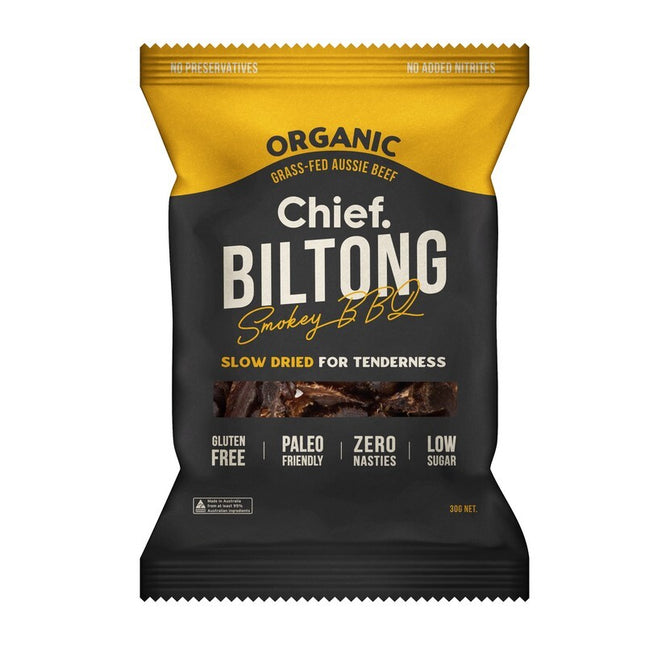 Chief Nutrition Grass Fed Biltong - Smokey BBQ 30g (Pack of 12)