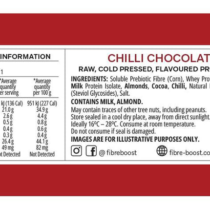 Nutrition information panel for Fibre Boost Chilli Chocolate cold pressed protein bar