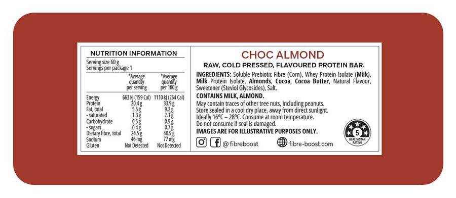 Nutrition label for a Fibre Boost Cold Pressed Choc Almond protein bar on a red background