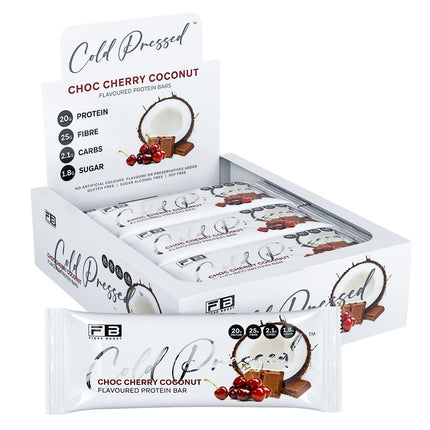 Box of Cold Pressed Choc Cherry Coconut protein bars on a white background