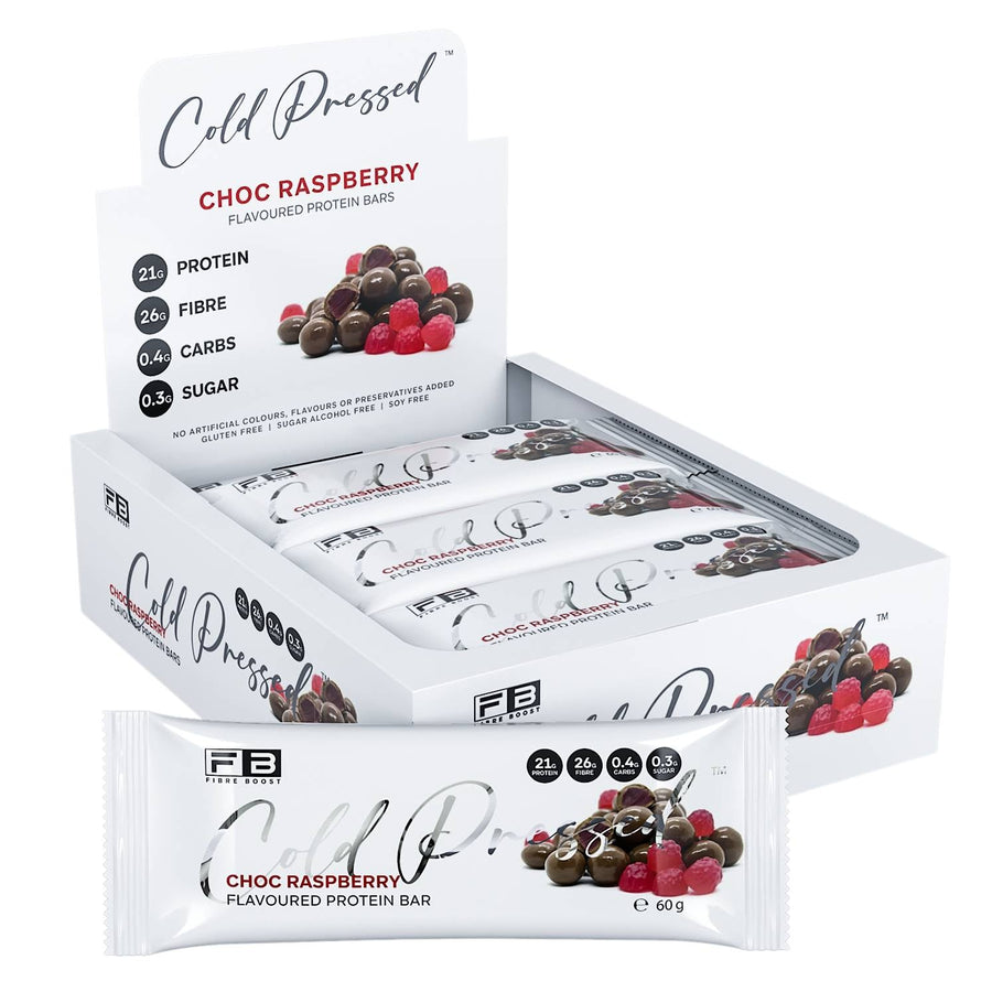 Box of Cold Pressed Choc Raspberry protein bars on a white background