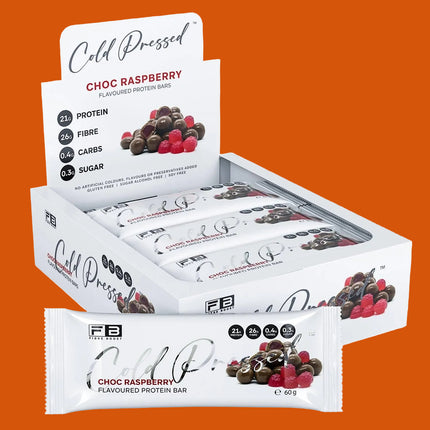 Box of Cold Pressed Choc Raspberry protein bars on a white background