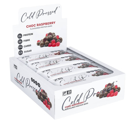 Box of Cold Pressed Choc Raspberry protein bars on a white background