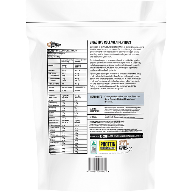 Chocolate-flavored collagen peptides from Protein Supplies Australia, perfect for boosting protein intake and promoting overall wellness.