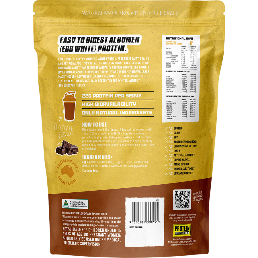 Chocolate-flavored Paleo Egg White Protein from Protein Supplies Australia, perfect for shakes, smoothies, and supporting active lifestyles.