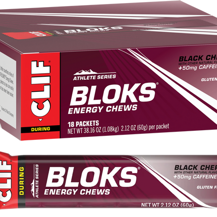 Box and single package of Clif Black Cherry Bloks energy chews.